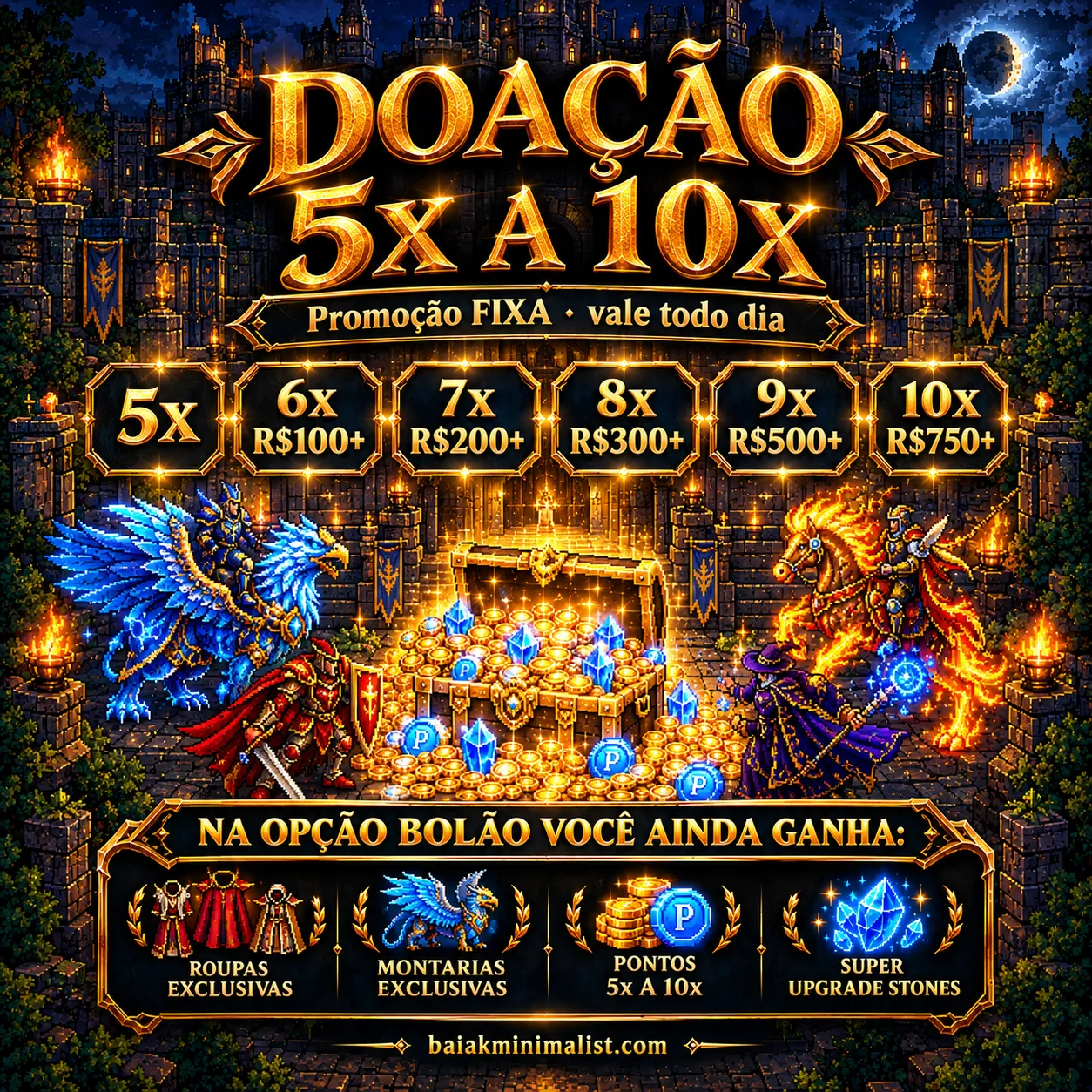 Promo&ccedil;&atilde;o fixa: doa&ccedil;&atilde;o vale de 5x a 10x em pontos todo dia. No Bol&atilde;o: roupas e montarias exclusivas, pontos e Super Upgrade Stones.
